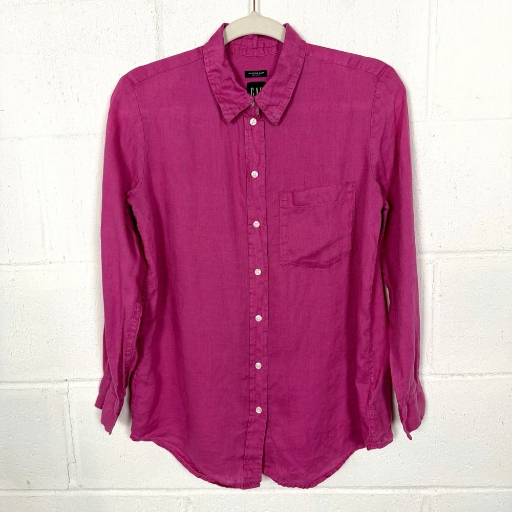 Gap 100% Linen Boyfriend Shirt Fuchsia Preppy Old Money Earthy Granola Beach XSP